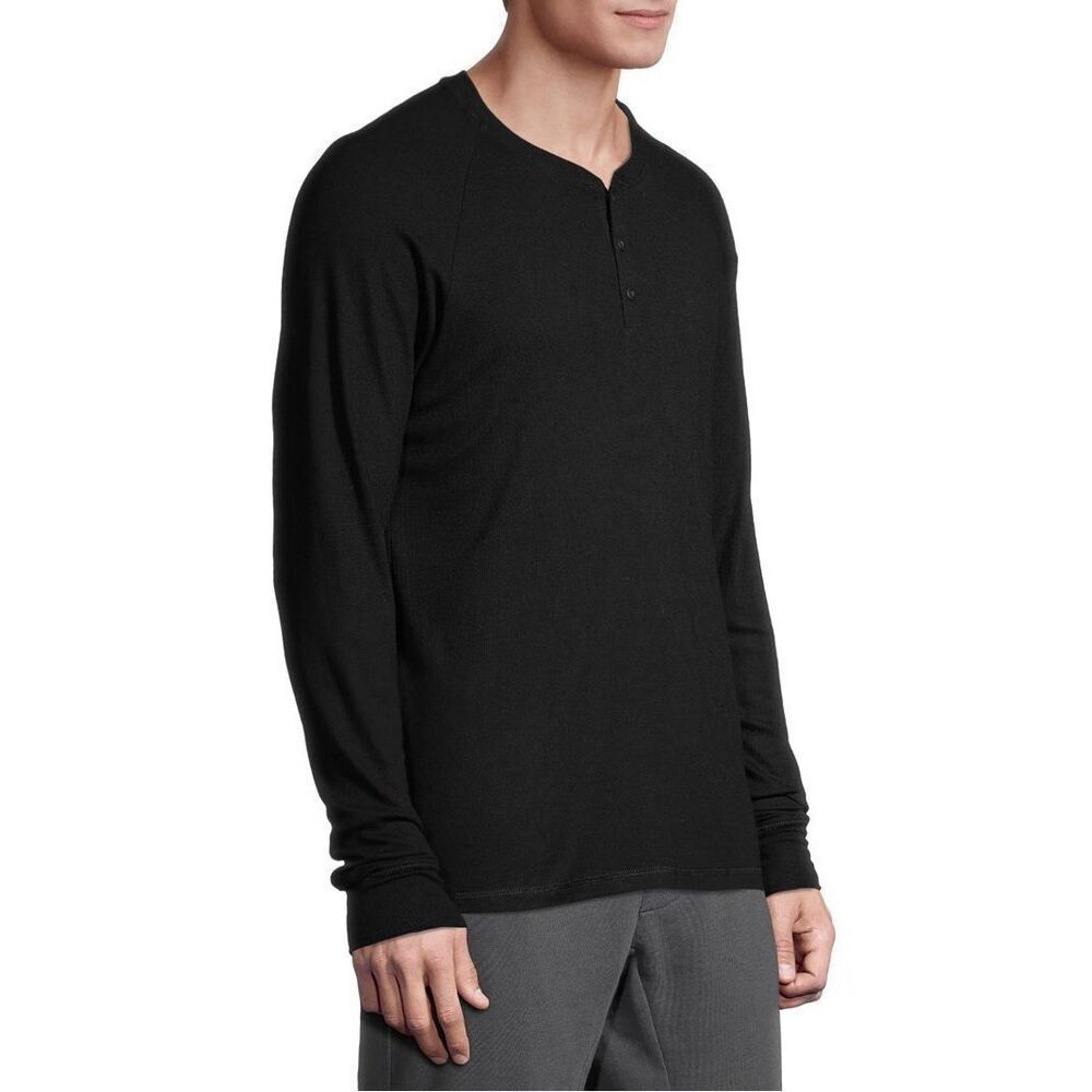 Hanes Men's Large L Black Long Sleeve Henley Pajama Lounge Tee NWT Ribbed Modal - Picture 2 of 7